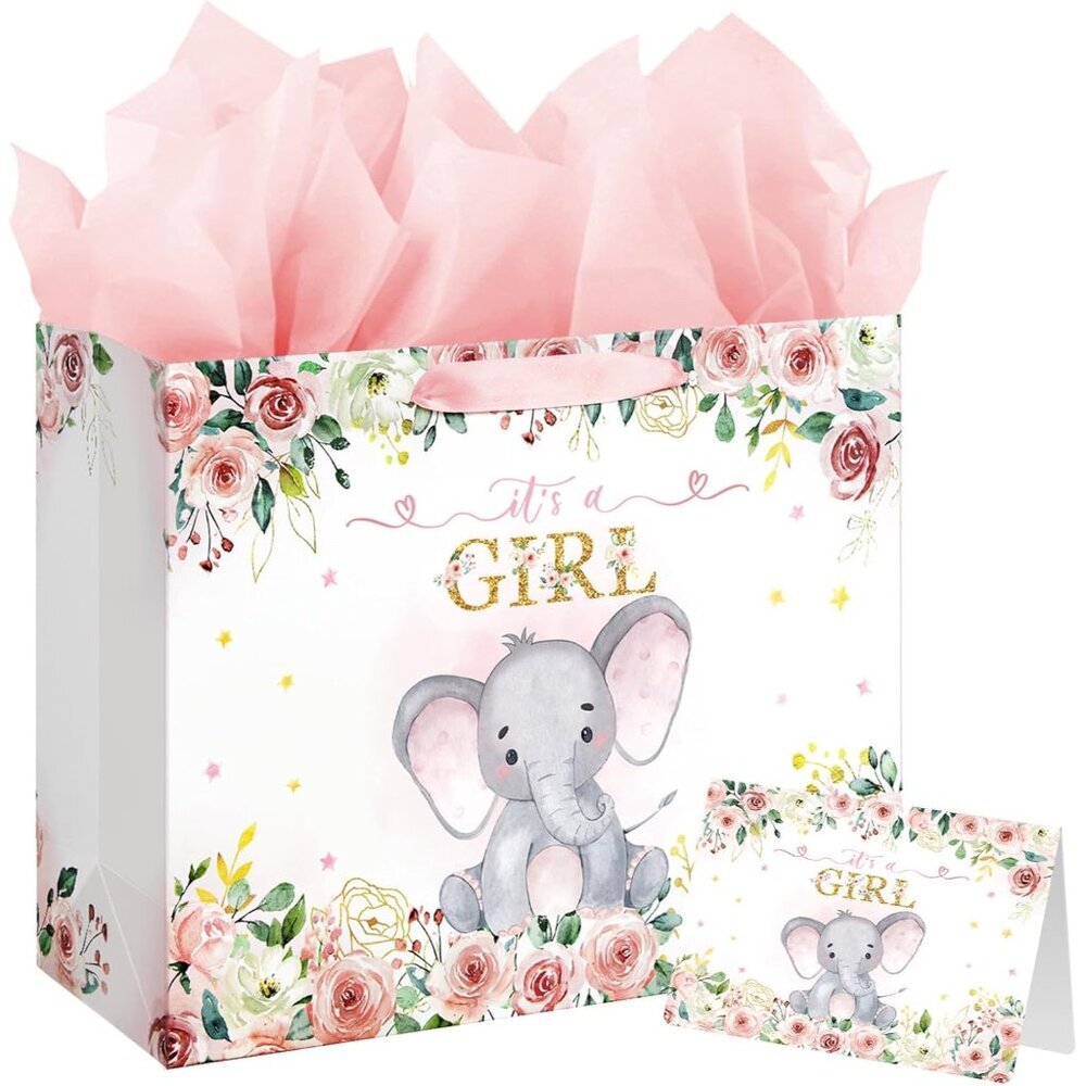 Elegant 13" Baby Girl Gift Bag with Tissue Paper & Card - Pink Elephant Design